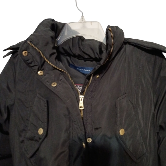 Cole Haan -Black Hooded Parka Down Coat with Gold Accents - Size S,a;; - Picture 2 of 9